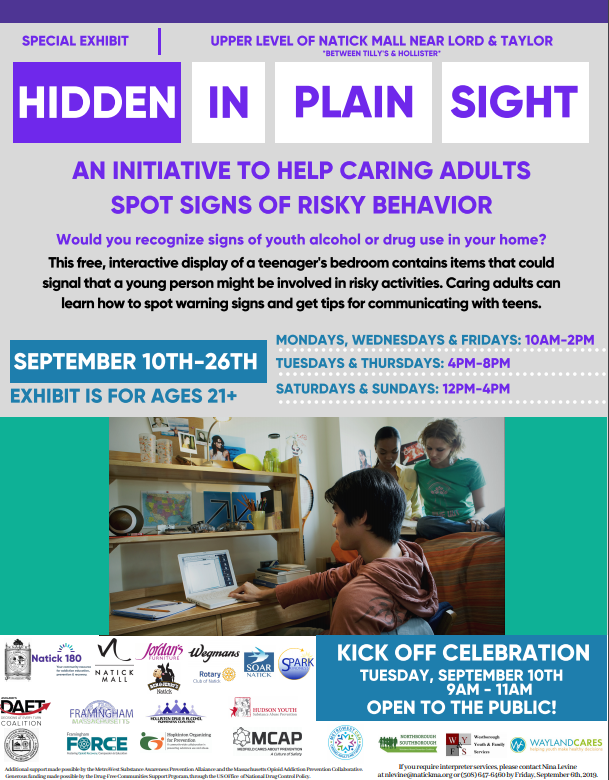 A Community Initiative to Help Adults Recognize Signs of Youth Substance Use:
Hidden in Plain Sight: Spot Risky Behaviors at Natick Mall
#medfieldyouthoutreach