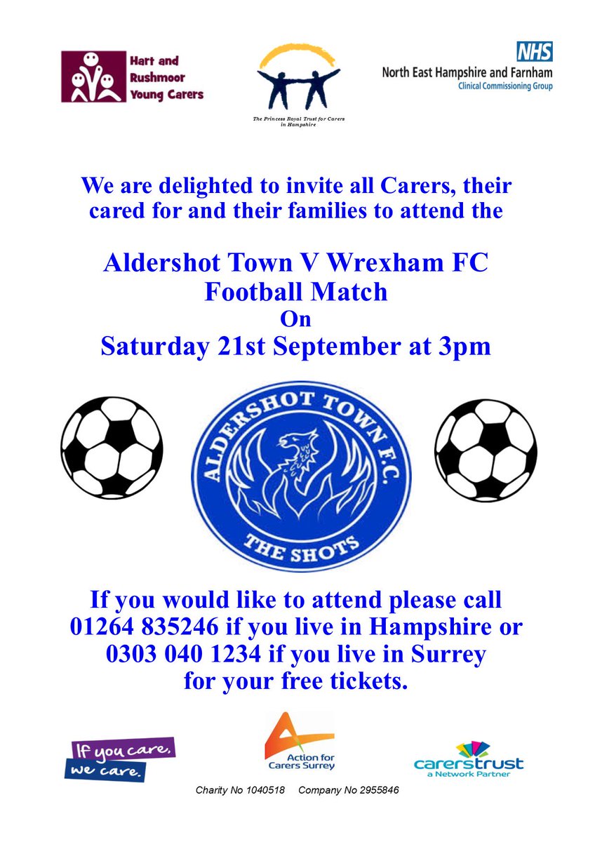 prtchampshire's tweet photo. We are delighted to invite all #carers, their cared for and their families to attend the Aldershot Town V Wrexham FC football match on Sat 21st Sept at 3pm.  If you would like to attend please call 01264 835246 for your free tickets. @NEHFCCG https://t.co/MkcssaSTzO