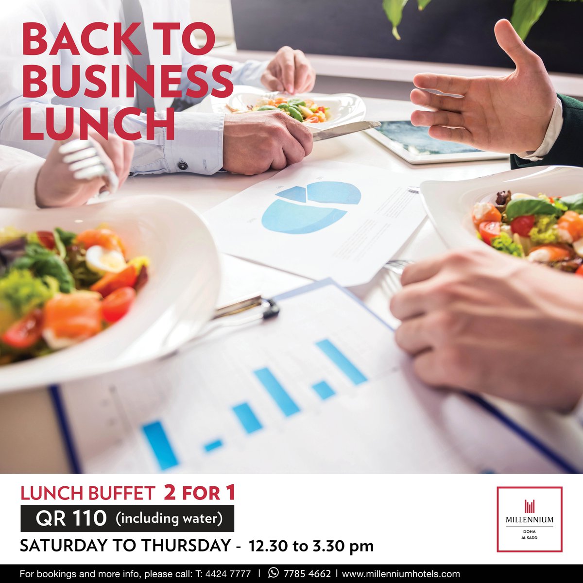 2 for 1 for QR 110 only!
To all the people returning to Qatar from their holidays, we've got a treat for you! 
Our new Back to Business lunch guarantees flavor and convenience on-the-go.
Book your seats now! Call 44247777, whatsapp: 77854662