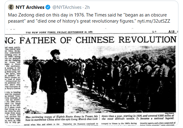 New York Times deletes Mao Zedong loving tweet calling him 'one of history's great revolutionary figures'