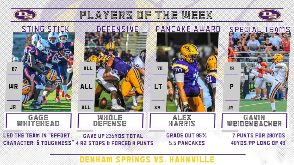 denhamspringsFB's tweet photo. Week 1 Players of the Week

StingStick, Defensive POY, Pancake Award, &amp; Special Teams POY.

These young men represent Denham Springs &amp; take pride in wearing the DS on their chest. 

@WillWeathersLPN @FambroughAdv @dsjacketstv @DSHSJackets @RecruitLouisian 

#ChampionshipMentality https://t.co/52fEFSJ9XH