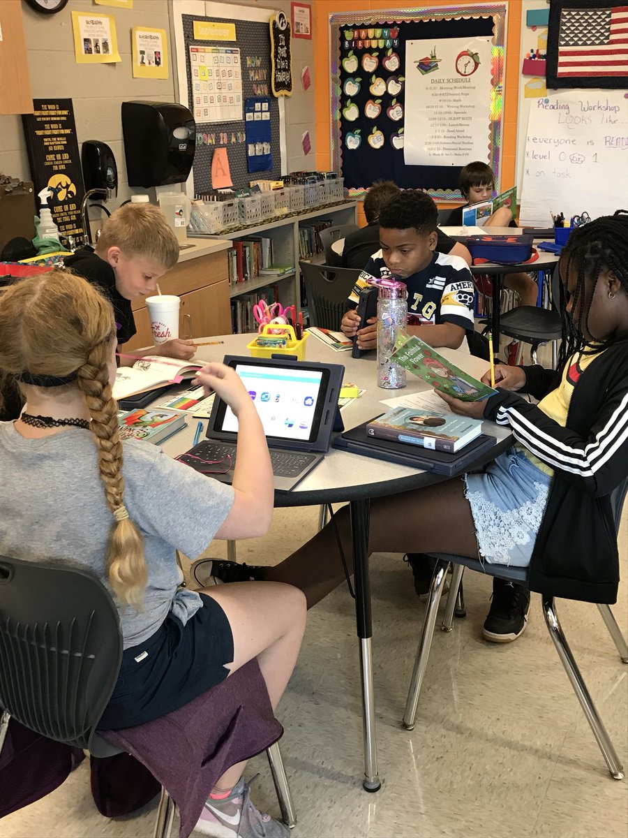 AbbeyUpton's tweet image. Reading workshop going strong on this Monday!  Finishing our genre quiz, working in iReady and Freckle, then ending with time with our favorite book! #CRFamily #creteach #cre219