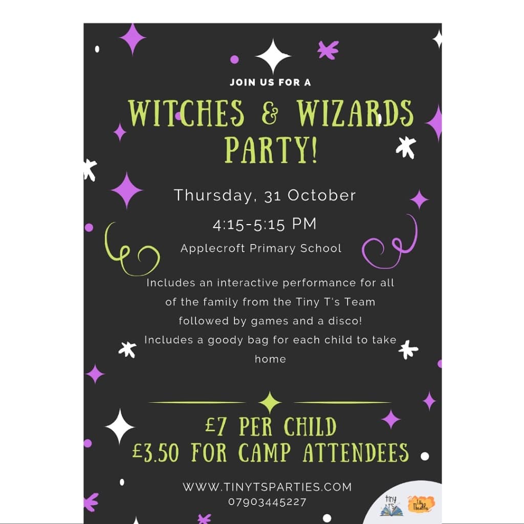 🐈 Grab your wands! 🌙 Tues 29th-Thurs 32st Oct we have 3 full days of fun at our 🕸️Tiny Ts Witches and Wizards Academy 🕸️ With a #familytheatre show on #halloween! all open for booking now!  ⭐ tinytsparties.com ⭐ #herts #hertfordshire #childrenstheatre #whatsonherts #wgc