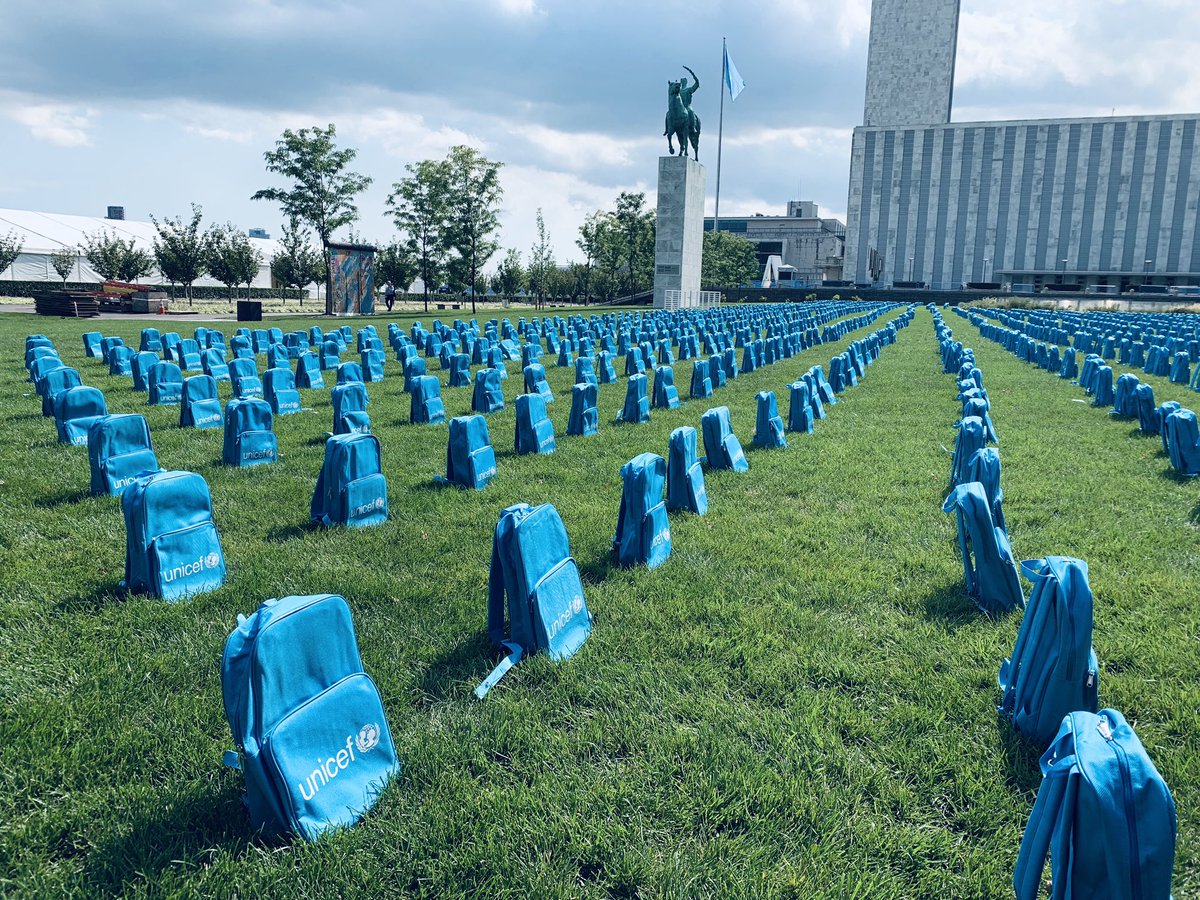 At <a href="/UN/">United Nations</a> HQs today, powerful yet devastating <a href="/UNICEF/">UNICEF</a> campaign. Each backpack - alone - is a symbol of education &amp; hope. Together &amp; lined up like graveyards, they represent children lost to conflicts in 2018. Each child victimized by conflicts is a reminder of our collective failure