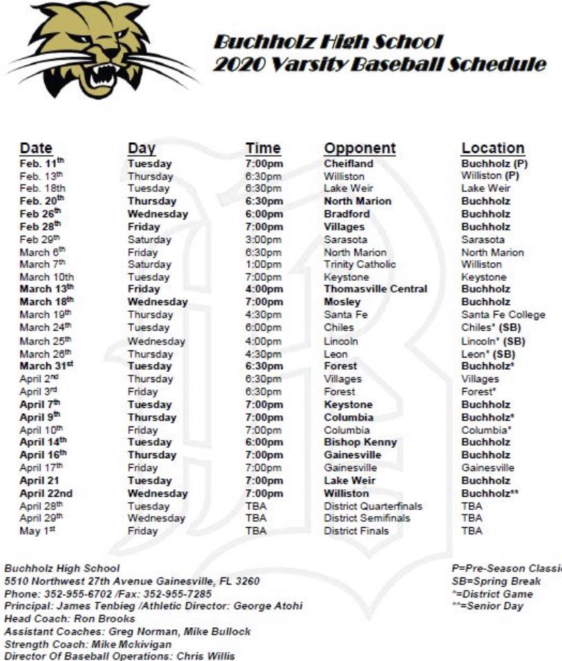 BuchholzBSBL's tweet photo. 2020 Varsity Schedule is here! Let’s Ride. #strictlybuisness https://t.co/NXqFodbpAt