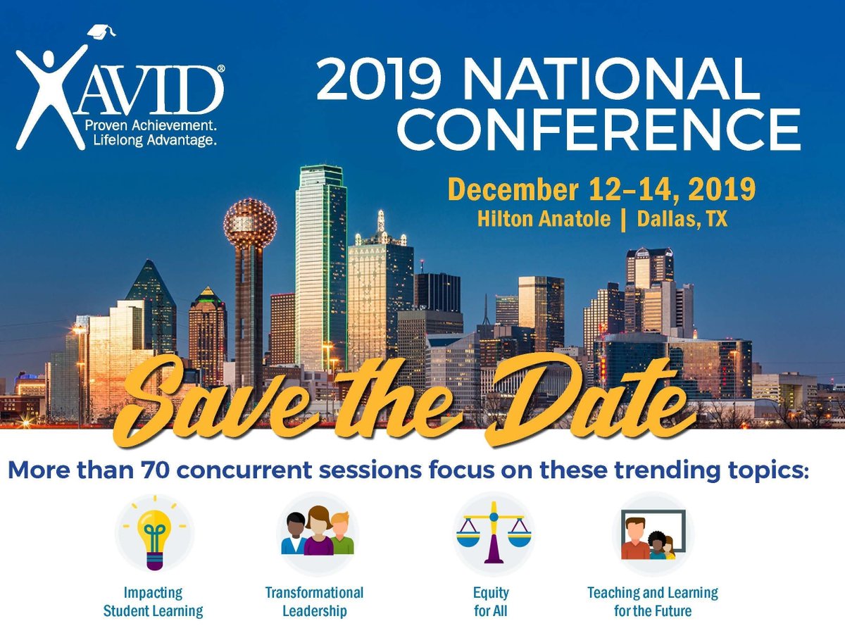 AVID4College's tweet image. Calling all K–16 educators! Are you looking for a vibrant community of like-minded educators to help you transform teaching and learning at your school? Register now for the 2019 AVID National Conference! buff.ly/2TTsAVm #ThisIsAVID