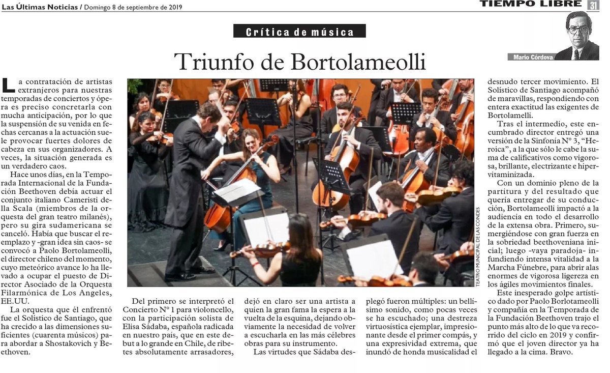 Bravo! dice <a href="/MCordovaP/">Mario Córdova</a> en <a href="/lun/">Las Últimas Noticias</a> al referirse a un concierto implecable, donde el talento <a href="/PBortolameolli/">Paolo Bortolameolli</a> se llevó la ovación del público junto a la solista Elisa R. Sádaba que destacó por "un bellísimo sonido, como pocas veces se ha escuchado..." bit.ly/2ksjUbp