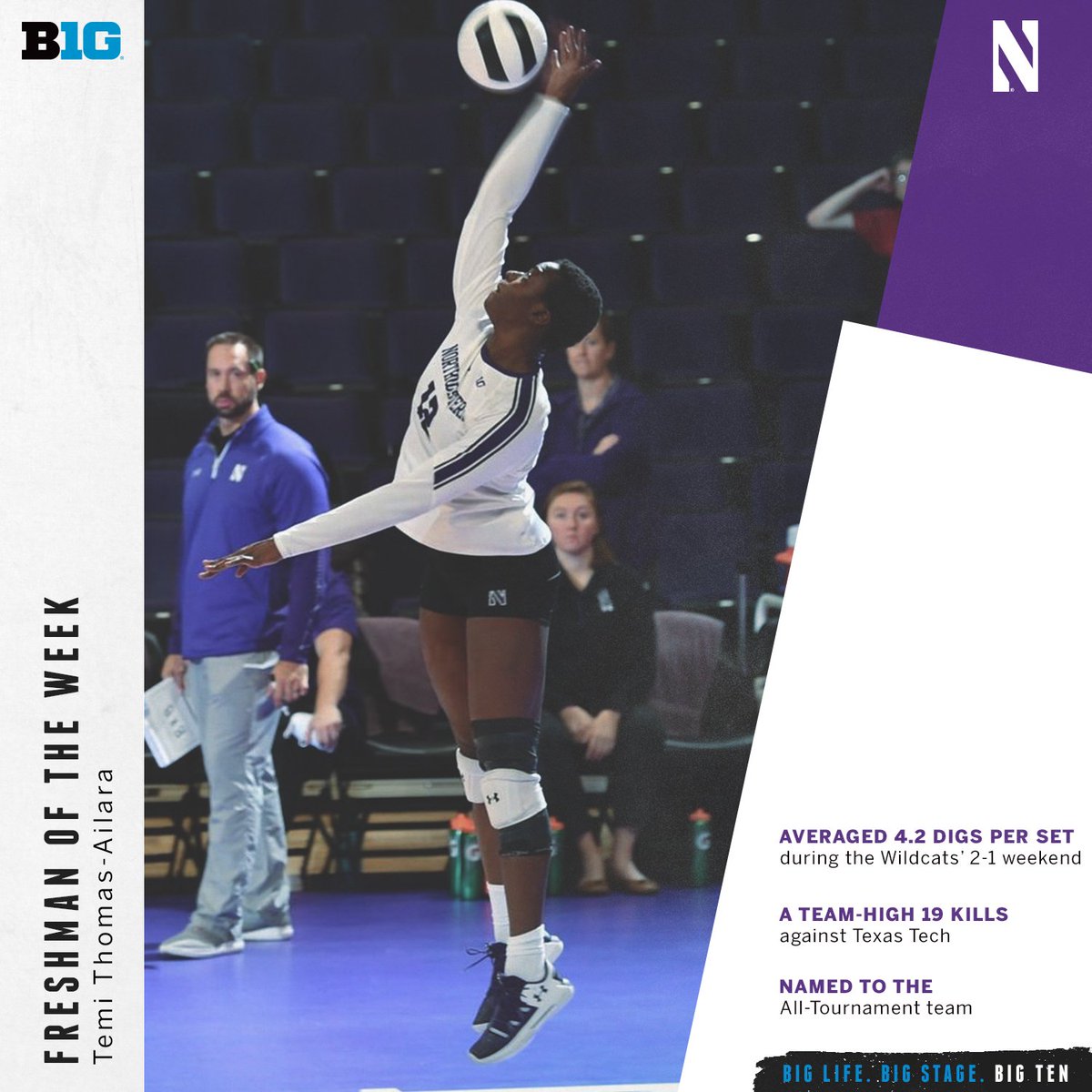 Temi Thomas-Ailara of <a href="/NUVball/">Northwestern Volleyball</a> is the #B1GVolleyball Freshman of the Week after averaging 4.2 kills per set for the Wildcats this weekend