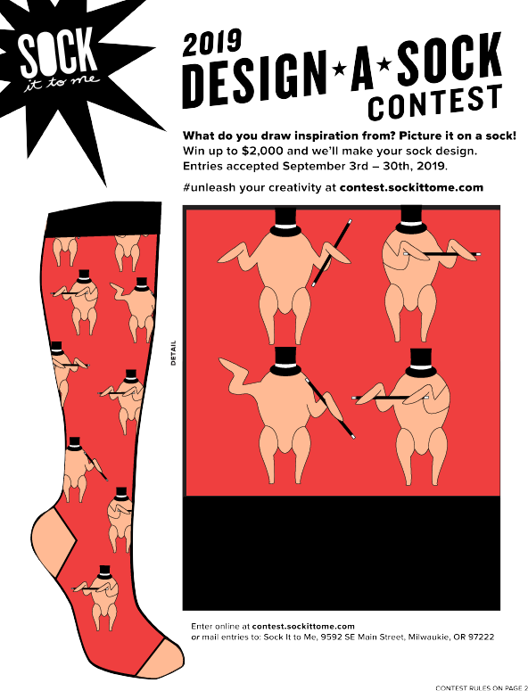SockItToMeInc's tweet photo. Take a look at this #DASC19 entry: Broadway Broilers/Dinner and a Show!
Submit your entries here https://t.co/OqtOqsEatJ
#DASC #designcontest #sockdesigns #funnysocks #chickensocks #dinnerandashow https://t.co/gqwy2SbYdZ