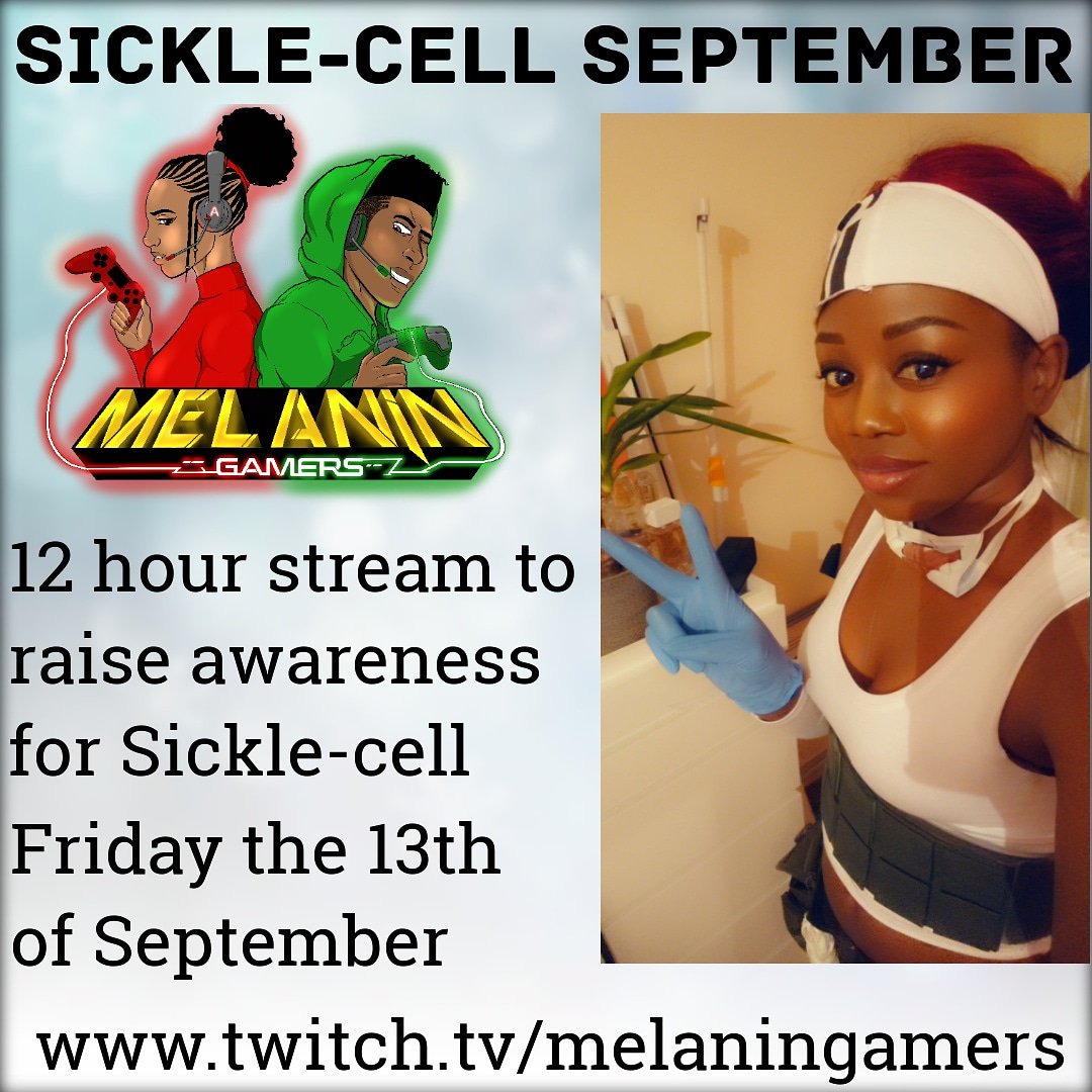 Anzy_aa's tweet photo. Sickle-cell September! 12 hour stream on the @melaningamers official Twitch page: https://t.co/ugU0aq4jUG to raise awareness and money for Sickle-cell #mgsquad I will be gaming and discussing what it means to have Sickle-cell anaemia. #sicklecellseptember https://t.co/7GxfNygmkT