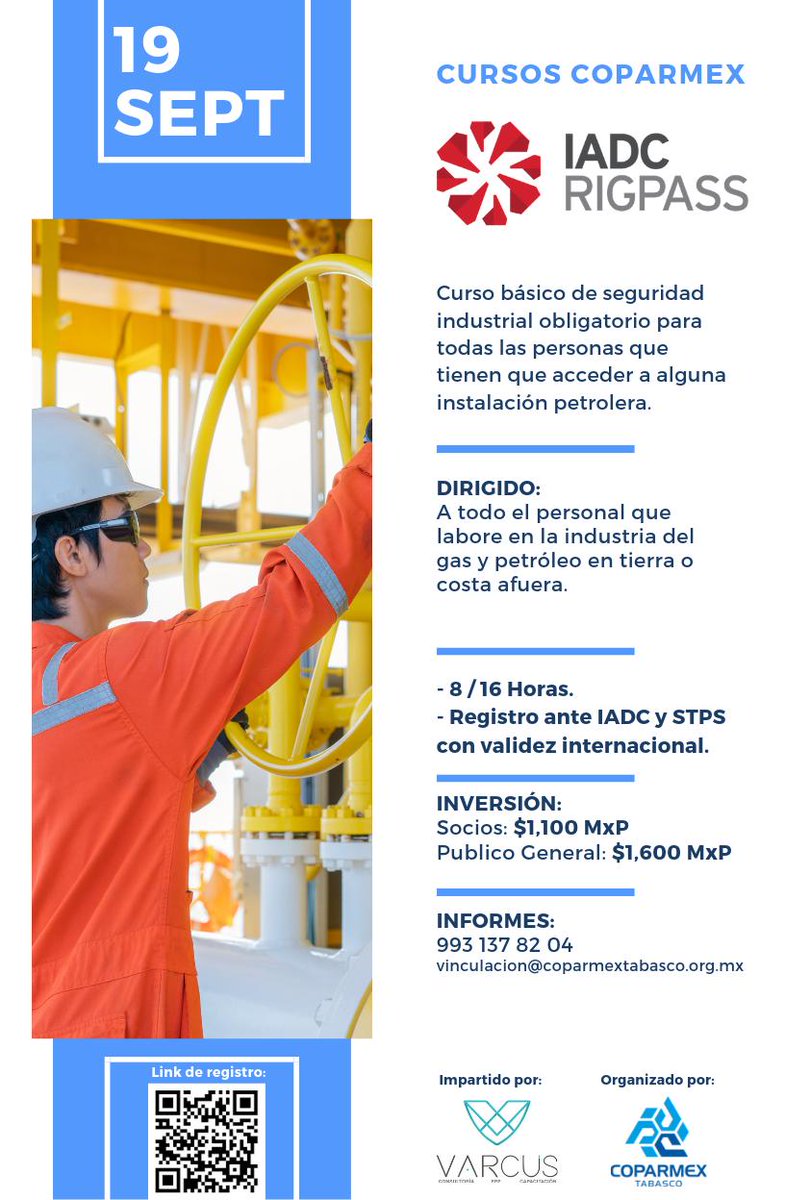coparmextabasco's tweet photo. Certifícate para ingresar a instalaciones petroleras:

CURSO #RIGPASS
Jueves 19 septiembre 
Socios COPARMEX: 1,100 MxP

Link de registro:
https://t.co/fuBDP9TDFJ

#Mejora #continua #Capacitación #Tabasco https://t.co/Zb08psqWLI
