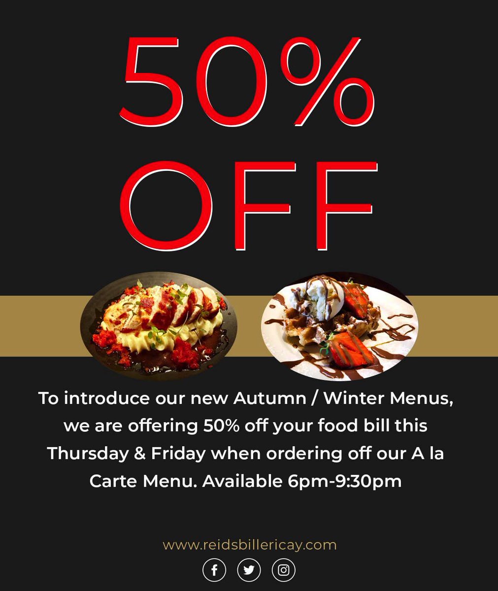 To introduce our new Autumn/ Winter Menus, we are offering 50% off your food bill this Thursday &amp; Friday when ordering off our A la Carte Menu. Available 6pm-9:30pm

Book now 
01277 632378