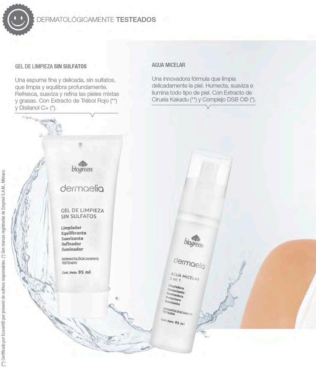 BiogreenL's tweet image. Línea DERMAELIA
Para que estés radiante y lo reflejes a tu alrededor

-Agua Micelar de 95ml a $575
-Gel de Limpieza sin Sulfatos de 95ml a $549