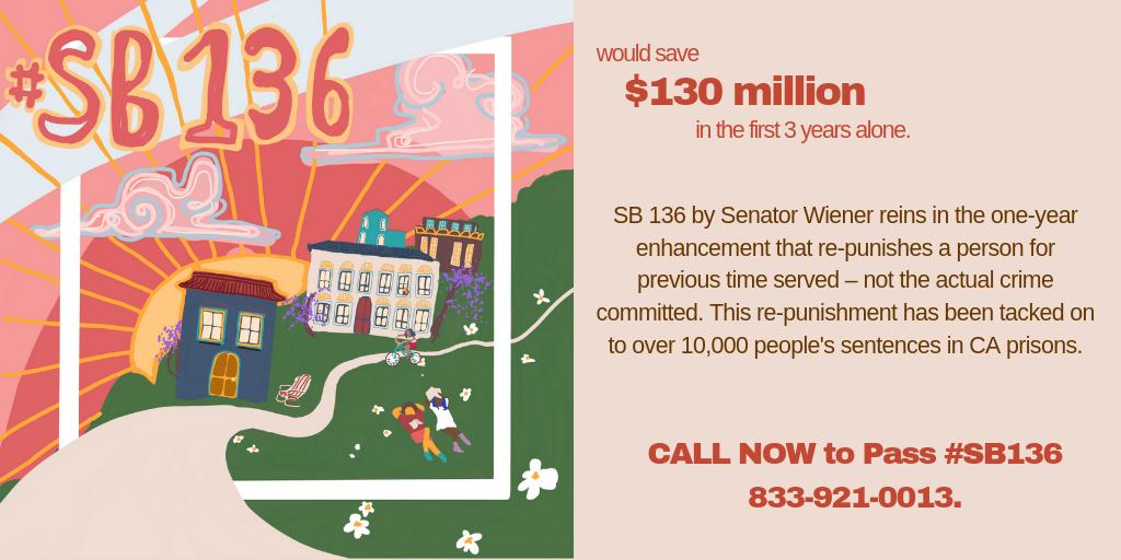 ACLU_CalAction's tweet photo. URGENT: Tell your CA lawmaker that you support reinvesting in communities ravaged by mass incarceration, NOT wasting taxpayer money on continuing an ineffective & expensive 1-yr sentence enhancement.
📲Call now & ask them to vote YES on #SB136: 833-921-0013. #CALeg https://t.co/RDhVNal9Ku