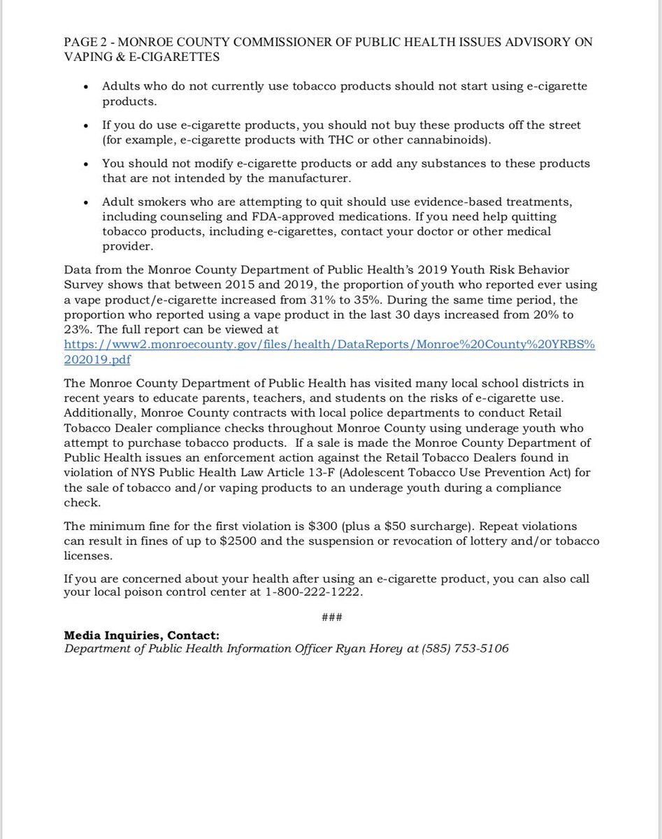DrMikeMendoza's tweet photo. In line with advisories from the CDC &amp; NYSDOH, I am urging all Monroe County residents to stop using all vaping products while the investigation continues into the rising numbers of vaping-associated illnesses nationwide.  Stay tuned to https://t.co/bNBZrYz6YZ for details. https://t.co/SAFvuIPyUA