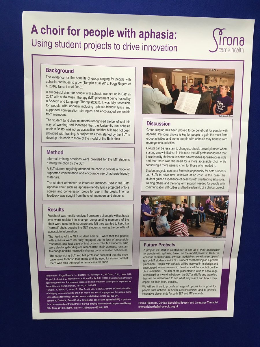 SironaCIC's tweet photo. Our Speech and Language Therapist @em_rehab is presenting her work setting up a choir for people with #aphasia (language problems after stroke) at the @BasAphasia symposium #BASSym2019. The choir has been supported by the Sirona foundation and starts in October. @SGAphasiachoir https://t.co/PJfHqeXx2G