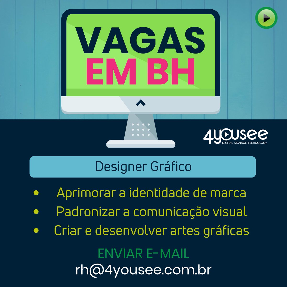 4YouSee's tweet photo. Vaga para Designer Gráfico
A 4YouSee está em busca de um(a) profissional de Design para apoiar nas produções gráficas do time de Marketing da empresa.

Eviar e-mail ✉️: rh@4yousee.com.br

Mais informações:
https://t.co/eVfBdWVkcW https://t.co/IaCV2rXMYE
