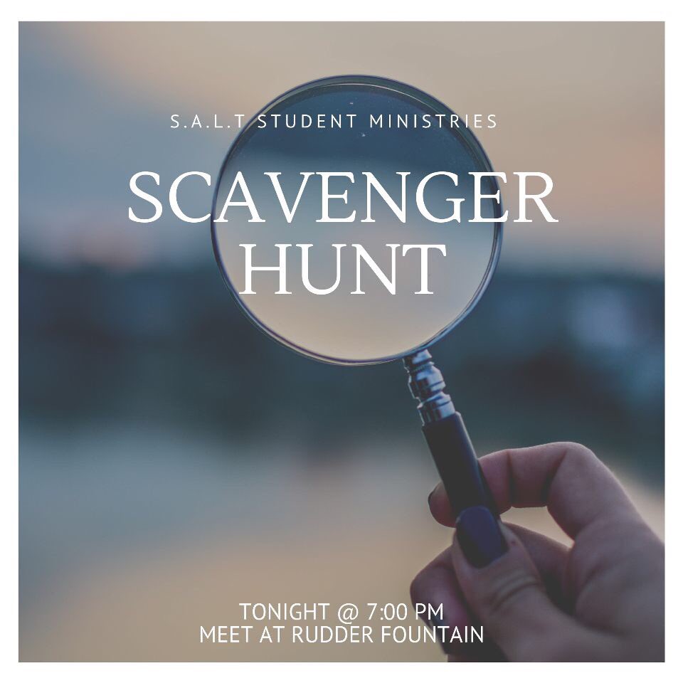 salt_tamu's tweet photo. Happy Monday, Salties! Join us tonight for a scavenger hunt around campus. The winners will receive a Chick-Fil-A gift card! We will be meeting at Rudder Fountain tonight at 7:00. Dont forget to bring your friends! See you then ☺️ #TAMU https://t.co/C4r8d4ai7d