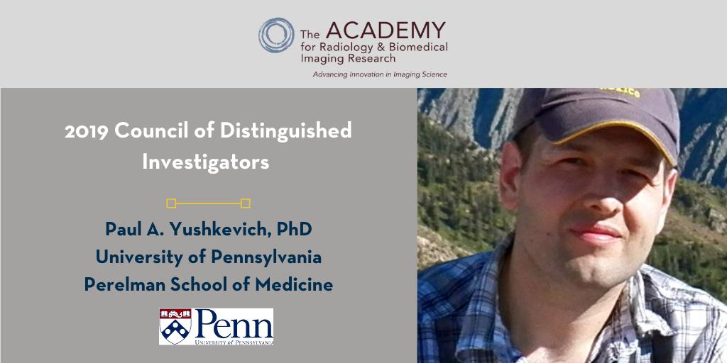 AcadRad's tweet photo. Congratulations to Dr. Paul Yushkevich, from @Penn, on being selected to receive one of our 2019 #DistinguishedInvestigator awards! Dr. Yushkevich will be inducted into @Acadrad's Council of Distinguished Investigators at the 2019 annual meeting of the @RSNA. #RSNA19 https://t.co/iIqrTFHQDZ