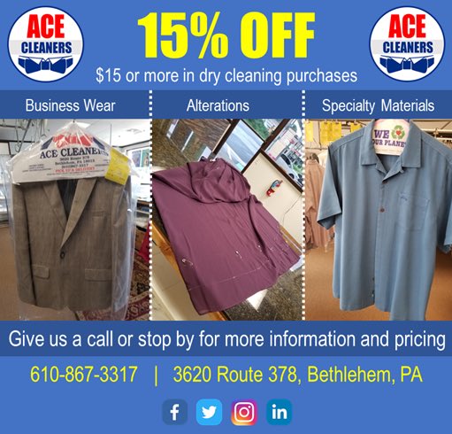 AceCleanerPA's tweet photo. ACE Cleaners delivers superior dry cleaning services at great prices!
 
You will always receive 15% off of $15 or more of dry cleaning purchases.
 
No coupons needed! Just come in and we’ll honor the discount!
 
#drycleaning cleaners #discount #alterations #tailoring https://t.co/blvpUbOdrp