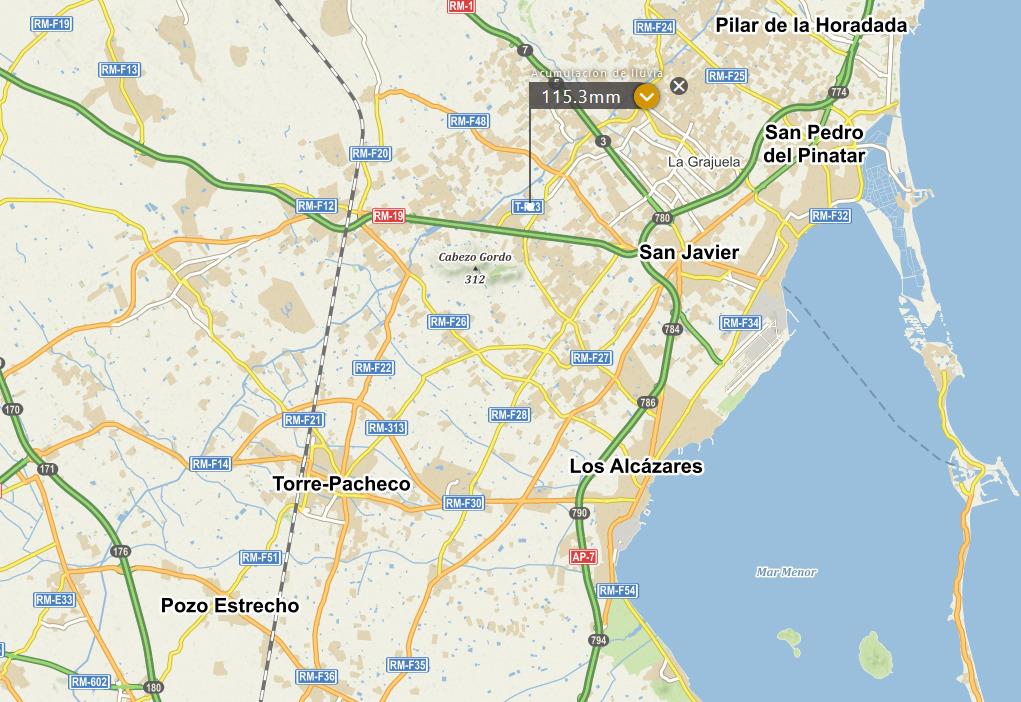 ¡¡¡ATENCIÓN!!! - Previsión de "ACUMULACIÓN DE LLUVIA EN LOS PRÓXIMOS 5 DÍAS" en la zona de San Cayetano, que asciende a 115 litros/m2. Es muy similar para todo el Campo de Cartagena y concentra 70 litros desde las 3 de la madrugada del jueves hasta el mediodía del mismo