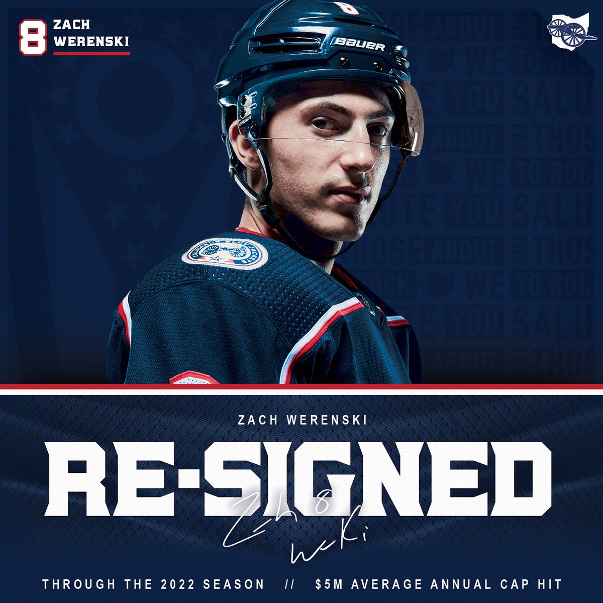 CBJArtillery's tweet photo. BOOM! Zach is back! @ZachWerenski signs a 3yr, 15M contract to stay with the Jackets #CBJ https://t.co/RgywIs6LFu