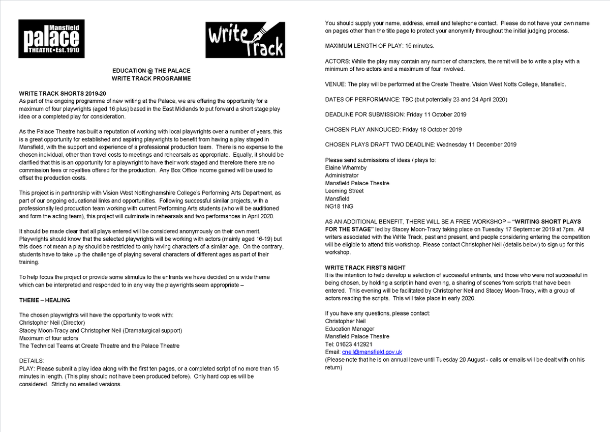 EducAtThePalace's tweet photo. INTERESTED IN WRITING FOR THE STAGE? On Tuesday 17 September at 7pm we have a FREE writing workshop @MansfieldPalace associated to the competition outlined below.  Send a message to sign up or get more info. @PerfArtsVWNC @InspireYthArts @MDC_News @WritingEM https://t.co/BVP847JgAl