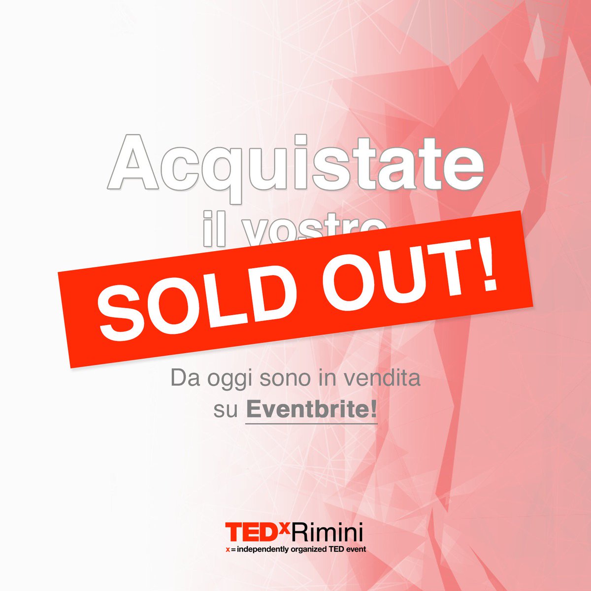 Dopo nemmeno quattro ore dall'apertura delle vendite, annuciamo il sold out dei biglietti! 

Grazie a tutti!! Vi aspettiamo Teatro degli Atti, il 16 novembre dalle ore 14, per il secondo #TEDxRimini! ❤️