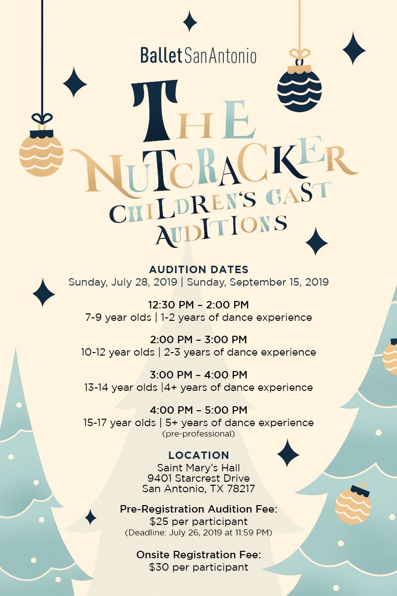 BalletSA's tweet photo. Our final Nutcracker Children’s Cast auditions are this weekend!
Register today for a chance to experience to dance along the professional dancers at the beautiful @TobinCenterSA!
Register today! https://t.co/4cmbjLCqNa #nutcrackerauditions #childrenscast https://t.co/pzTv7TJ5Ns