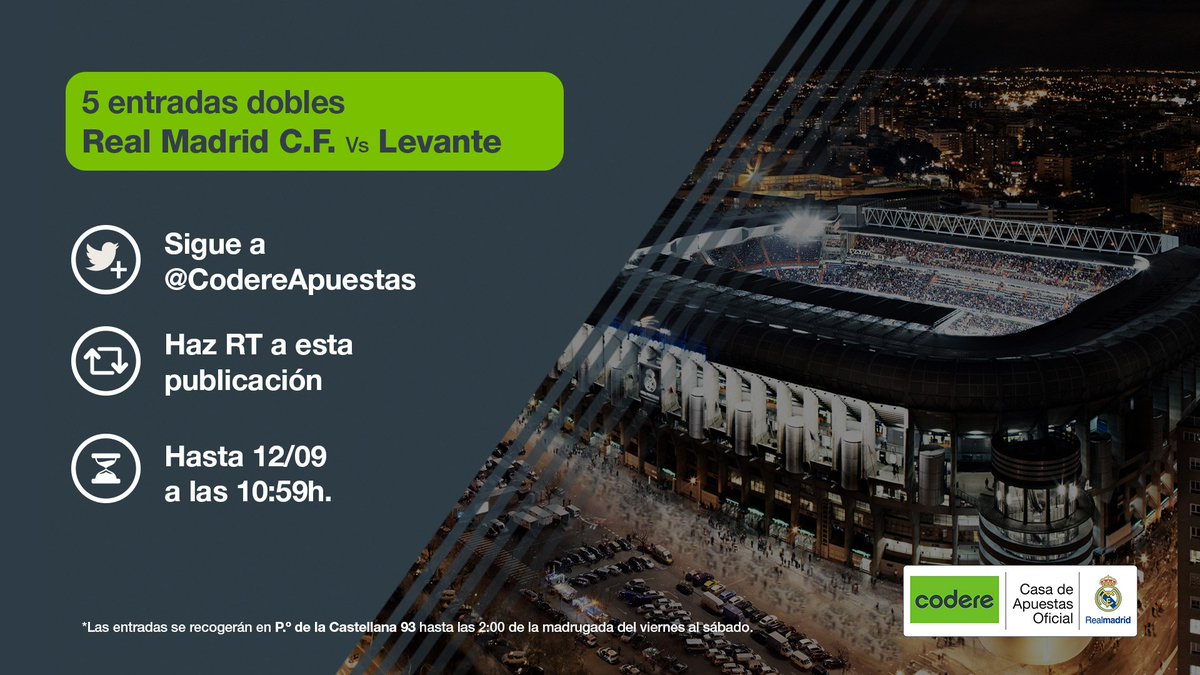 realmadrid's tweet image. ⚽¿Quieres disfrutar del @realmadrid 🆚 @LevanteUD en el Estadio Santiago Bernabéu acompañado de quien tú quieras? 🏟 ¡Sorteamos 5 entradas dobles y tú puedes conseguir una! 🎟 ¿Cómo? Sólo tienes que seguir las instrucciones de la imagen. 
@CodereApuestas | #HalaMadrid