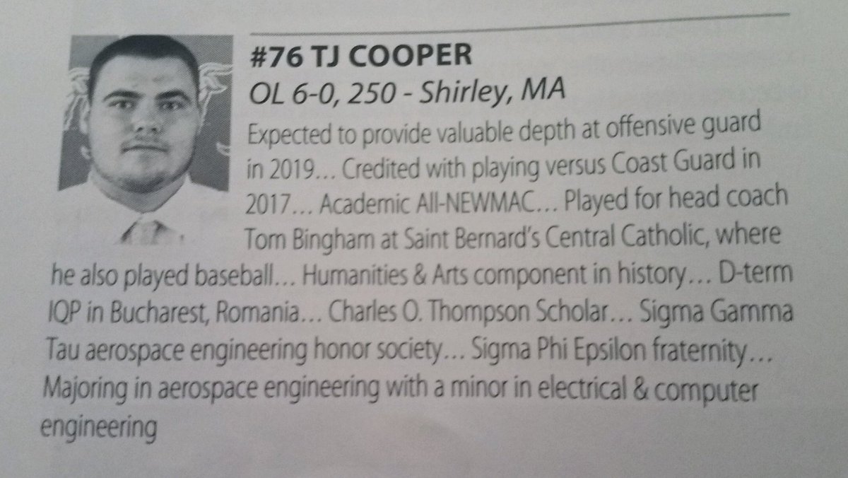 stbfootball's tweet photo. Wishing TJ Cooper a healthy and successful season at WPI. What an accomplishment balancing the demanding academic requirements of his majors along with competing for time on the offensive line. Keep making us proud TJ!  #stbalumni #studentathlete @AthleticsStb @StBernardsCCHS https://t.co/3xI9CeWmR0