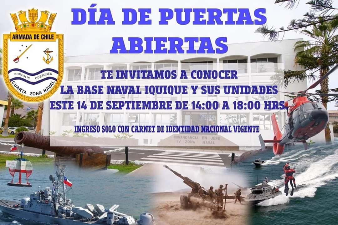 CarteleTarapaca's tweet photo. Día de Puertas Abiertas | Ven junto a toda tu familia a conocer la Base Naval #Iquique y las unidades de la Cuarta Zona Naval, sábado 14 de septiembre, a las 14:00 horas.
 
Invita: @Armada_IVZN ⚓ https://t.co/SrFH4y9K8D