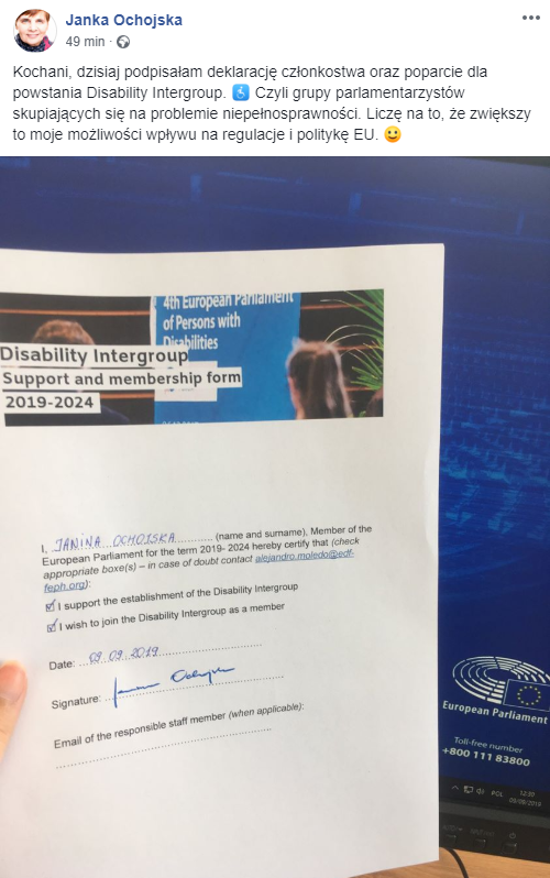Wol_Row_Dem's tweet photo. Janka #Ochojska:
Kochani, dzisiaj podpisałam deklarację członkostwa oraz poparcie dla powst. #DisabilityIntergroup. ♿️ Czyli grupy parlamentarzystów skupiających się na problemie niepełnosprawności. Liczę na to,że zwiększy to moje możliwości wpływu na regulacje i politykę EU. 🙂 https://t.co/5f5vFLLCMU