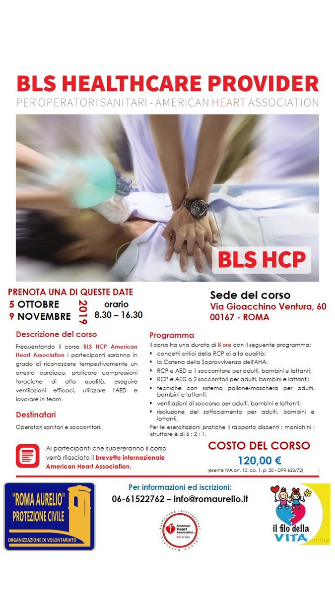 Romaurelio's tweet photo. Prossimi corsi BLSD per Laici e Sanitari, prenota una delle date proposte.
Info e prenotazioni: info@romaurelio.it - tel. 0661522762
#BLSD #rianimazionecardiopolmonare #rianimazione #romaurelio #Roma #PROTEZIONECIVILE #BLS #salute #corsi #brevetti #AED #defibrillatore #AHA #laici https://t.co/mamkVki95E