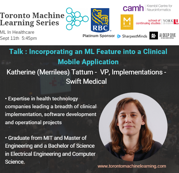 TMLS_TO's tweet photo. Ever wanted to know how to incorporate a #MachineLearning feature into a clinical mobile application? Katherine (Merrilees) Tattum will be hosting a session on this topic at our #microsummit on healthcare this Wednesday. RSVP Here: https://t.co/x3VSw4jk8L #TMLS #TMLS2019 https://t.co/UldOU0o3uM