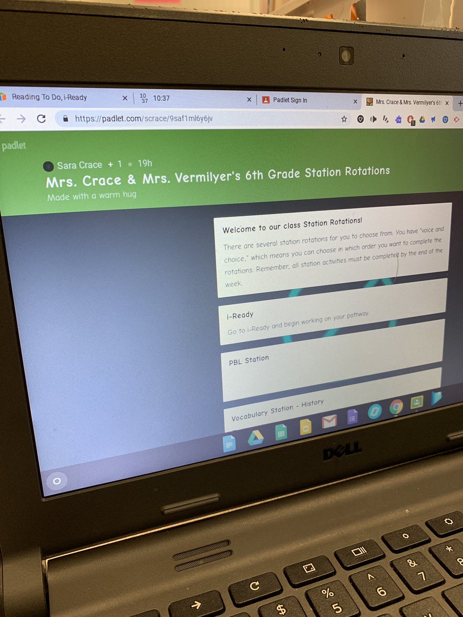 Sherry_WHS's tweet photo. 6th Gr. using @padlet for stations. Ss have vo. and cho. in what they work on as long as the work is turned in on Friday. Links to @Quizlet for vocabulary @Newsela for history @google for interactive work in grammar and ELA. #exceptional @Alderman_WHS #LearningCraVe @CraceSara https://t.co/M88hETJu19