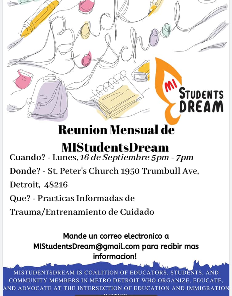 MIStudentsDream's tweet photo. MIStudentsDream is back for the 2019-2020 school year! Our first potluck/training will be on 9/17 from 5-7pm at St. Peter's in Detroit. Our focus will be on trauma-informed practices for refugee students, families, and communities. #MichEd #DetroitEd https://t.co/2d4fO11u8L https://t.co/LpzloTzvnS