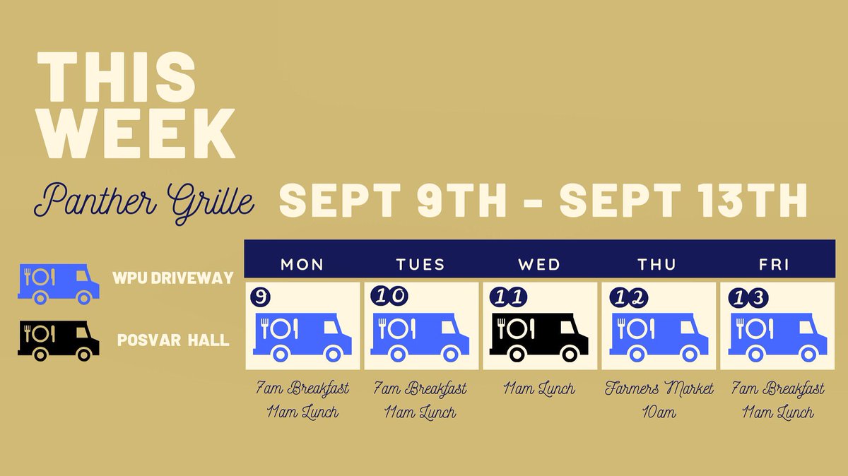 PantherGrille's tweet photo. Here is our schedule for this week!•
•
We will see you until 2pm today on the WPU driveway!•
•
#Pitt #FoodTruck #EatAtPitt https://t.co/orHWEJXzCK