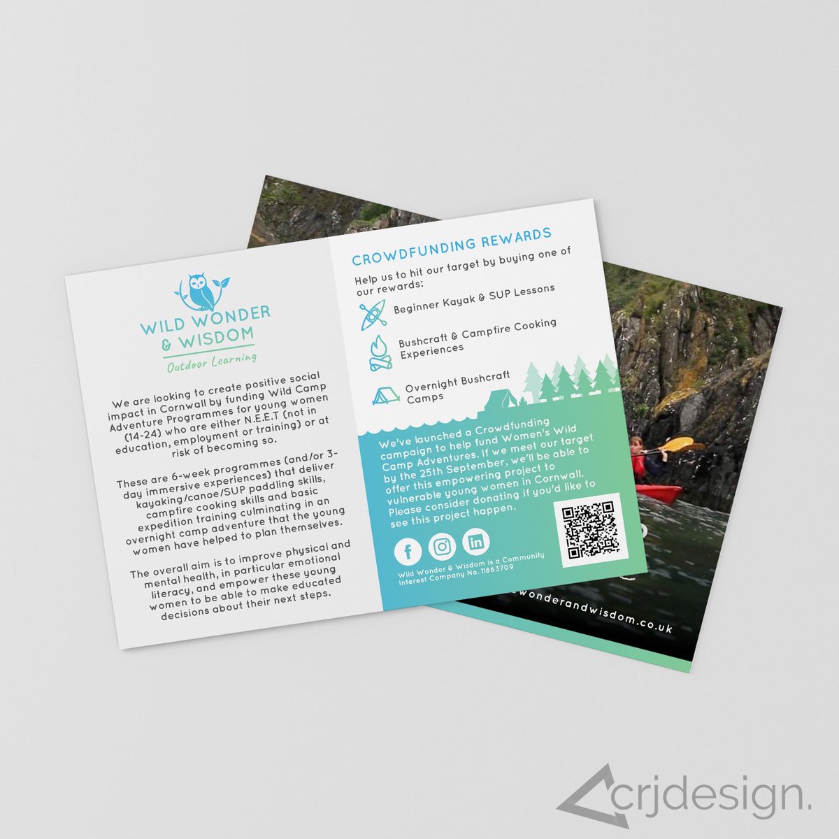 CRJ_Design's tweet image. Flyers designed for Wild Wonder &amp;amp; Wisdom to promote their crowdfunding campaign to fund Women’s Wild Camp Adventures. These will be outdoor experiences for young women, including kayaking, SUP’ing, wild camping, campfire cooking and more, with the aim of improving mental health.