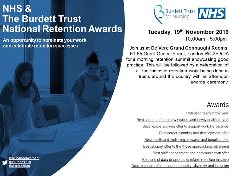 BurdettTrust's tweet photo. Does your trust offer exceptional support to #nurses approaching retirement? Why not nominate them for a National Retention Award at https://t.co/FLOkc7CYYO &amp; help us #retention achievements throughout England. #nursing #NHS https://t.co/FiAlwfV4y7