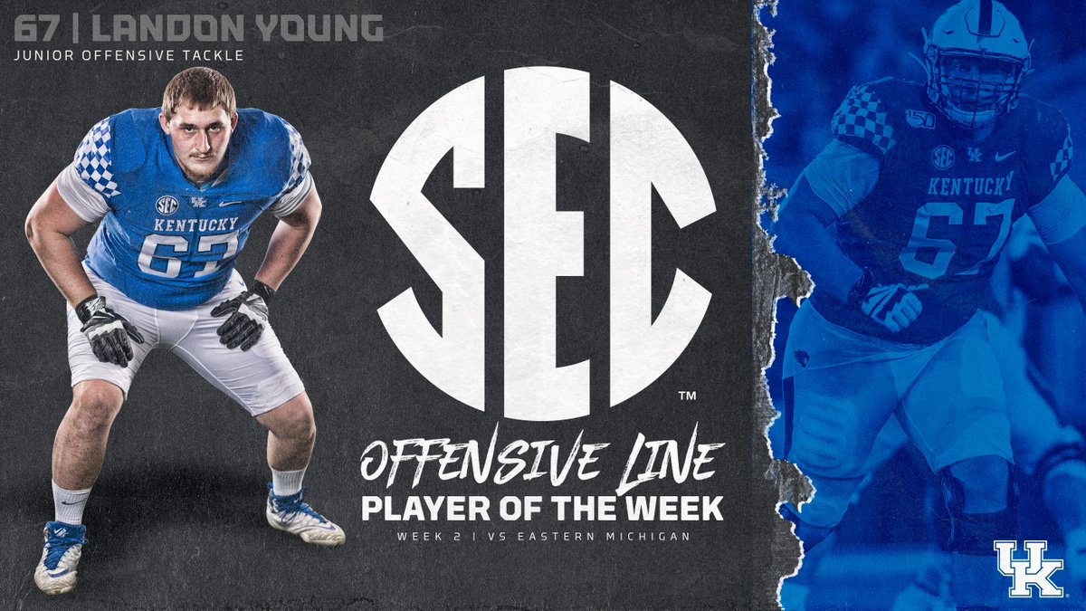 UKFootball's tweet photo. A dominant performance at the point of attack earned @Landon_Young_67 his first @SEC Player of the Week honor! 

#BringIt https://t.co/K32MwTAvgy