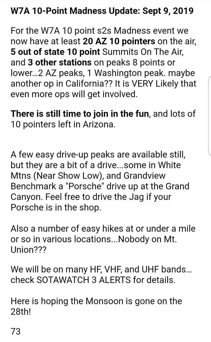 AZSOTA's tweet photo. Sep 28 #TenPointMadness update from Pete #WA7JTM, #W7A association manager. #SOTA #SummitsOnTheAir #qrp #hamradio https://t.co/A9PBRsfxmY