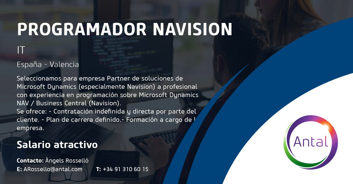 AntalSpain's tweet photo. Seleccionamos para un partner un Programador #NAVISION  para #Valencia ofrecemos contratación directa por el cliente y plan de formación
Manda tu ARosello@antal.com o inscribete en https://t.co/BmDj8I73e7
#careers #jobpostings #careeropportunities https://t.co/G3JMK0ZftA