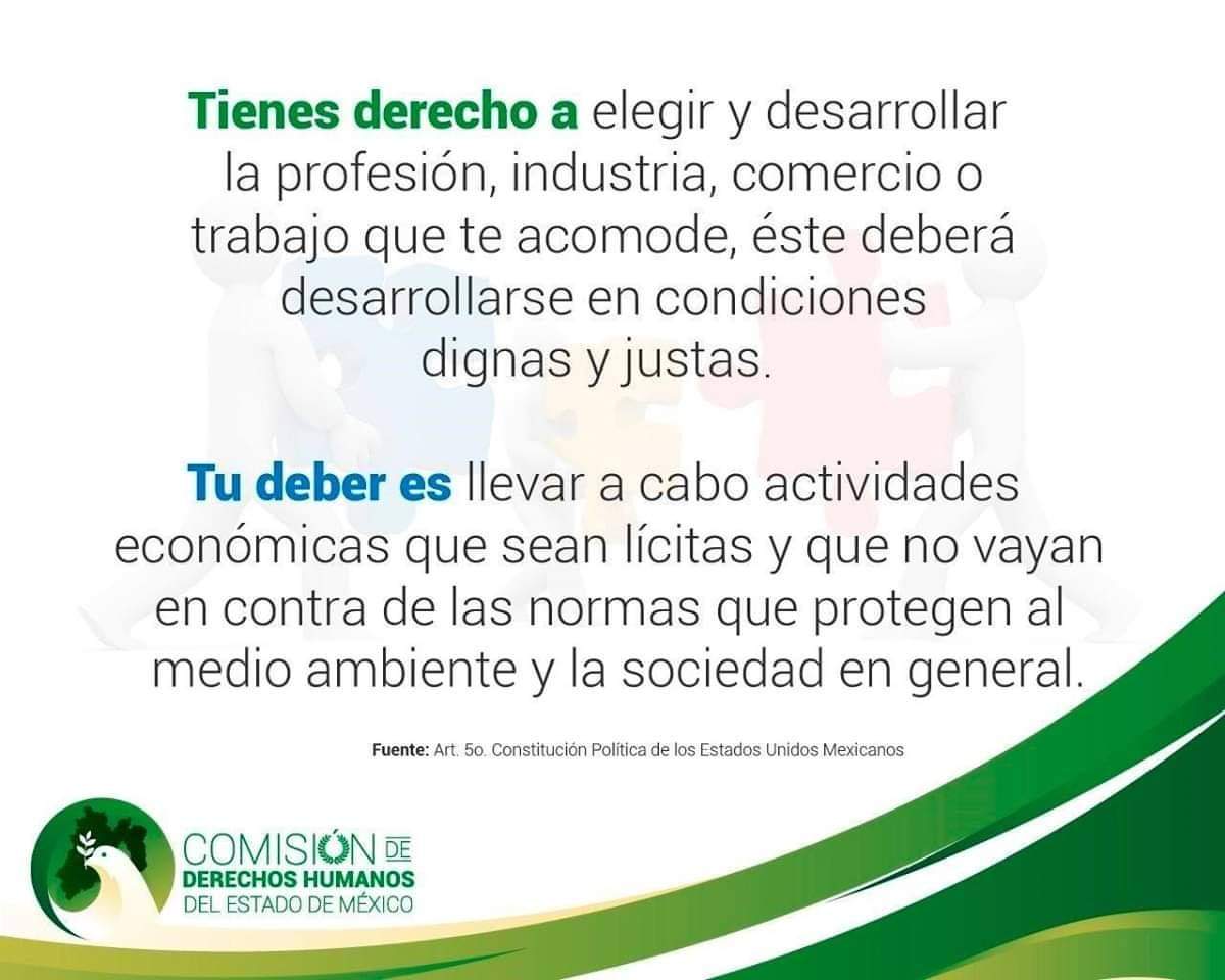 JorgeOlveraG's tweet photo. Nadie puede imponer a otra persona forma alguna de trabajo, todo ser humano tiene la libertad de elegir su actividad o profesión, siempre y cuando sea lícita y se apegue a las condiciones previstas en el Derecho. #DerechosYDeberes #coDHemContigo 👩🏽🏫👨🏼⚖👨🏼🍳👩🏻🔬 https://t.co/NtnC8Zktpq