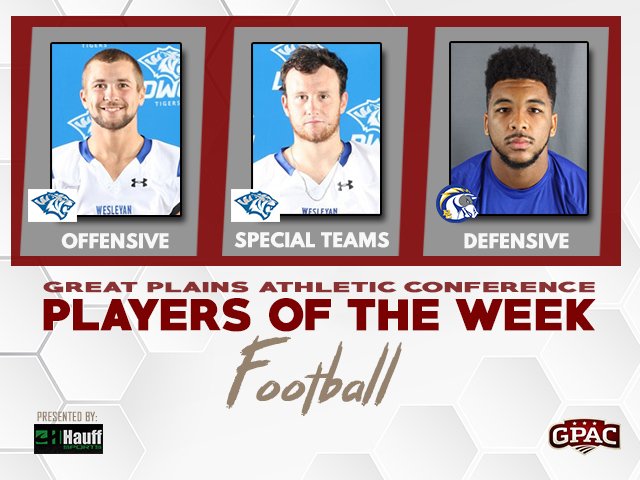 GPACSports's tweet photo. FOOTBALL: Week 2 Honors - (OFF) Loudenburg of @dwusports, (DEF) Robinson of @bcuchargers, (SPTM) Gale of @dwusports. Complete Release - https://t.co/TaSPzI8OR6 https://t.co/YPCg1eL8uW