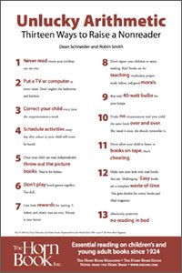 HornBook's tweet photo. #HBFamilyReading: Shout-out to evelynmaryw who said on Instagram: "They should give this to new parents." We wholeheartedly agree! ICYMI: here's our classic, tongue-in-cheek poster "Unlucky Arithmetic: 13 Ways to Raise a Nonreader" by Schneider + Smith https://t.co/nbLoGvp8gT https://t.co/iYCtnBdjCx