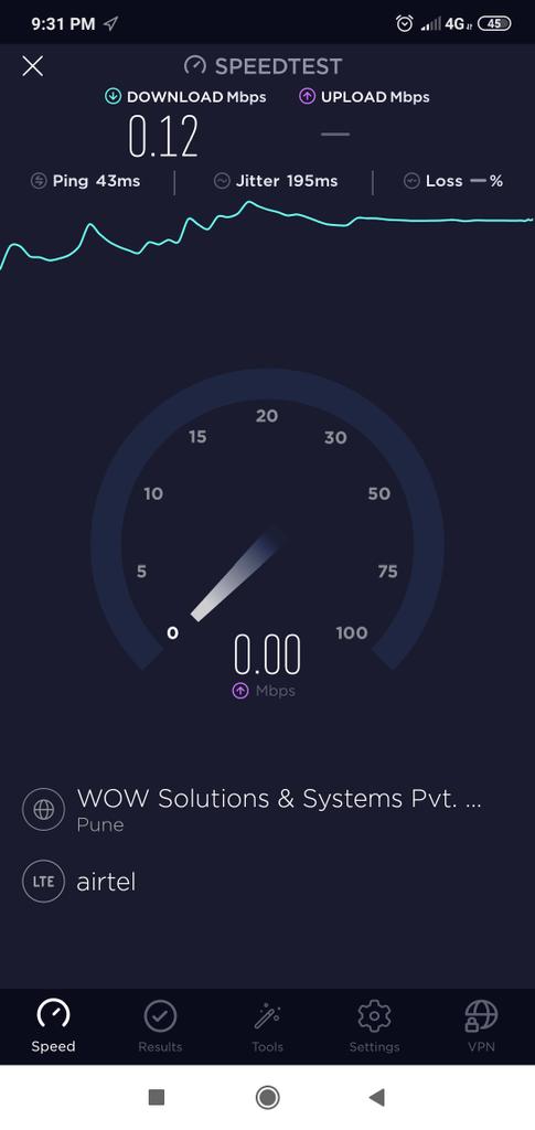 <a href="/Airtel_Presence/">Airtel Cares</a> <a href="/airtelindia/">airtel India</a> Check the screenshot.! You Proudly say you're the best.! Check the proof, You're the #worst. Shifted to my New Flat, City - 2nd biggest in MH - PUNE. Speed I'm getting 0.12MBPS. I mean salute boss for your fake ads n fake network promises. #worst