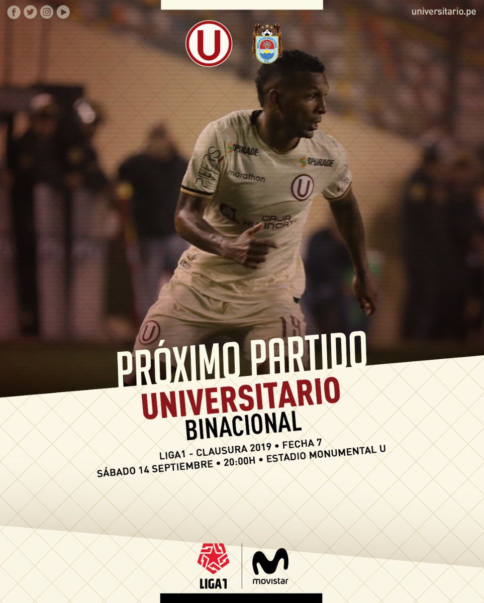 🔥 ¡PRÓXIMO PARTIDO!
⚽ <a href="/Universitario/">Universitario</a> vs <a href="/BinacionalFC/">Deportivo Binacional FC</a> 
🏆 @Liga1Movistar - Fecha 7
📆 Sábado 14 de setiembre
🕗 20:00h
🏟 Estadio <a href="/MonumentalU_/">Estadio Monumental U</a> 
🎫 Entradas vía <a href="/joinnus/">Joinnus</a> ▶️ ow.ly/ry9m30pu7jk
📲 #UvsBI