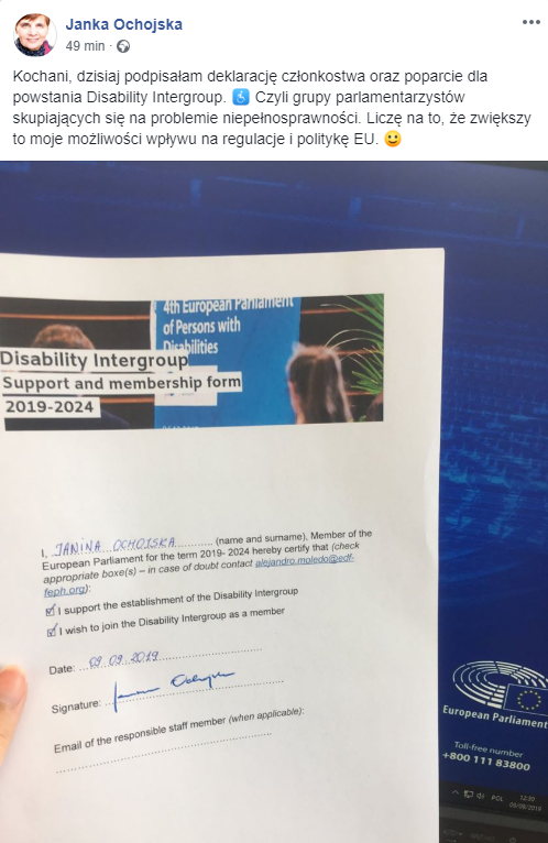 AleksZawisza's tweet photo. Janka #Ochojska:
Kochani, dzisiaj podpisałam deklarację członkostwa oraz poparcie dla powst. #DisabilityIntergroup. ♿️ Czyli grupy parlamentarzystów skupiających się na problemie niepełnosprawności. Liczę na to,że zwiększy to moje możliwości wpływu na regulacje i politykę EU. 🙂 https://t.co/6QJnGA8hAu