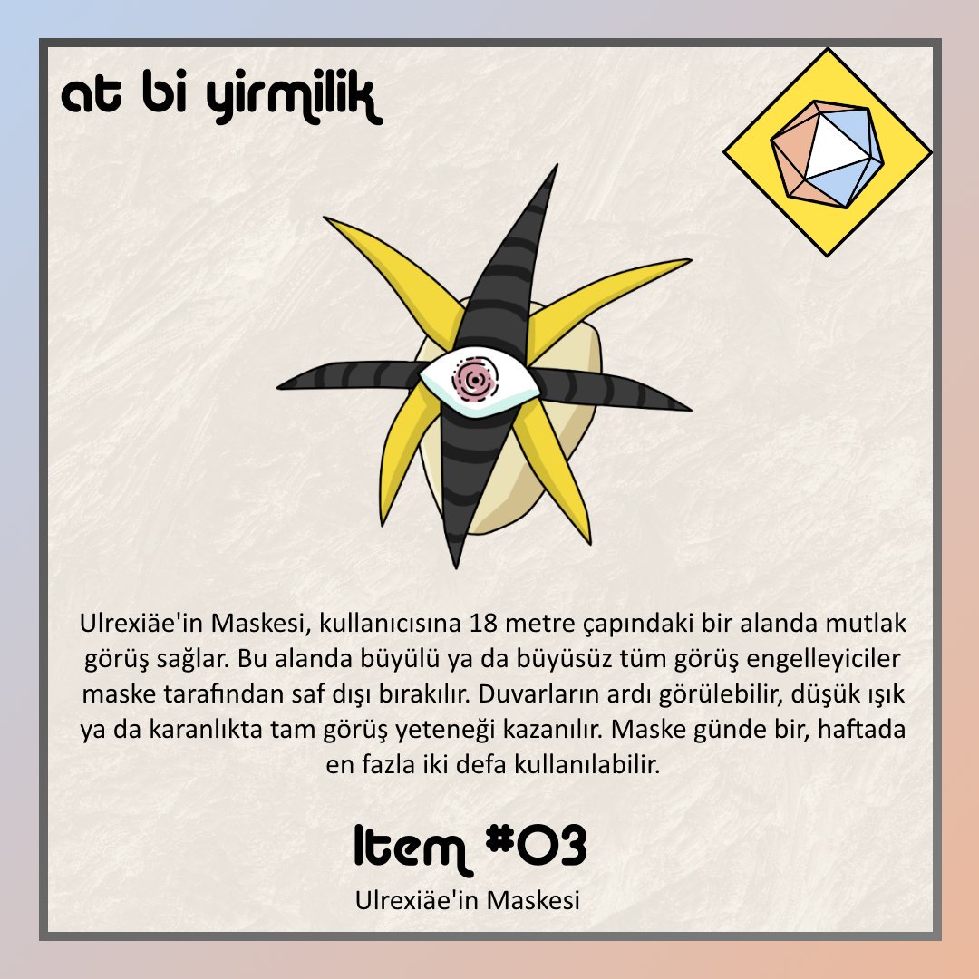 Neredeyse her şeyi gören maske 'Ulrexiäe'in Maskesi' ile item serimize devam ediyoruz. 

#frp #DnD #müryo #item